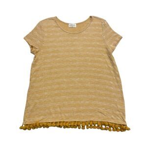 Emelia Shirt Womens XL Yellow White Striped Tassels Short Sleeve Round Neck